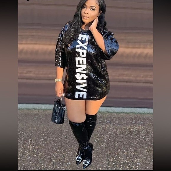 Black & White EXPENSIVE Sequin Tee Shirt Dress Top Glamour Party Sexy Sparkle - Picture 2 of 2